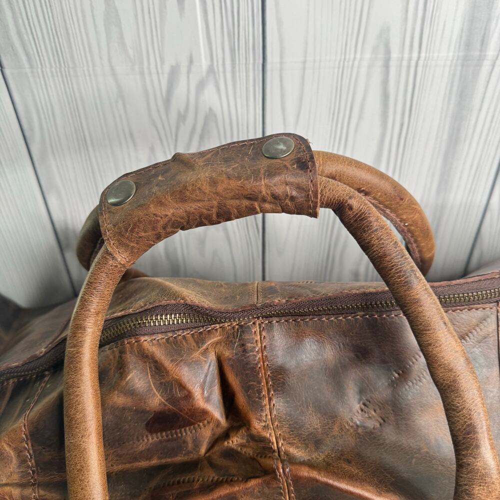 Vintage 90’s Brown Leather Weekender Duffle Patchwork Bag 20”x10”x10” Logo/Name - Picture 3 of 13